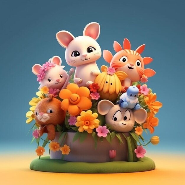 A figurine of a rabbit and a mouse with flowers