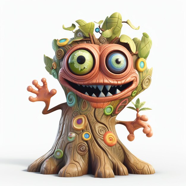 A figurine of a tree with a green eye and a green eye with a large eye and a green eye.