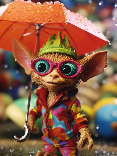 A figurine of a troll with a pink umbrella