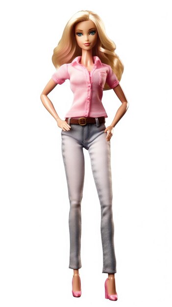 A figurine of a woman wearing a pink shirt and pants.