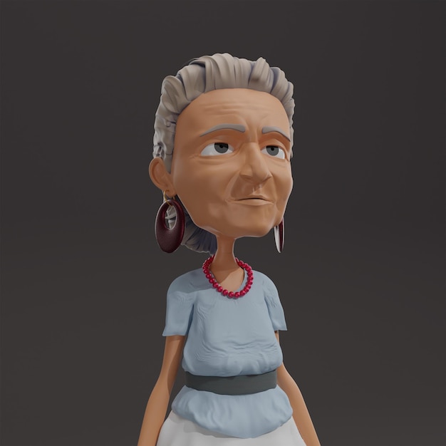 Photo a figurine of a woman with gray hair and a blue shirt with a red necklace.