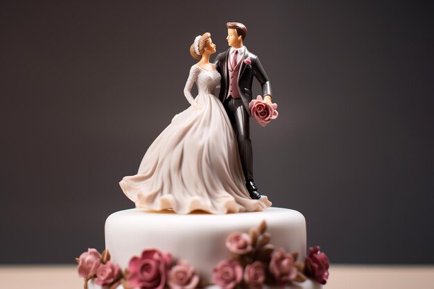 Figurines of the bride and groom on a wedding cake Closeup of wedding cake topper Traditional wedding sweets and decorations