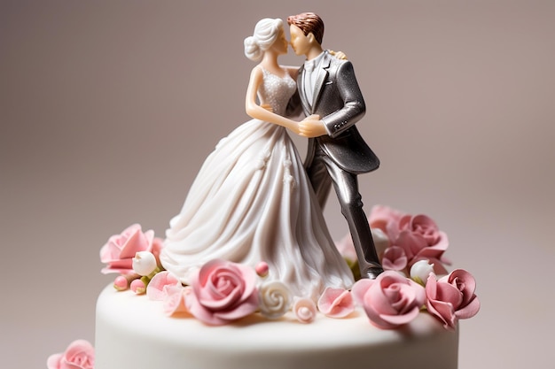 Figurines of the bride and groom on a wedding cake Closeup of wedding cake topper Traditional wedding sweets and decorations