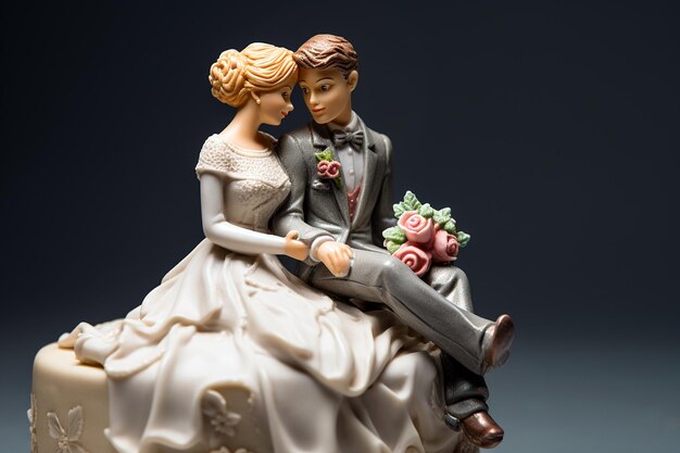 Figurines of the bride and groom on a wedding cake Closeup of wedding cake topper Traditional wedding sweets and decorations