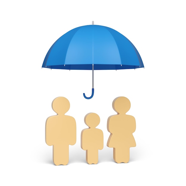 白い背景に隔離された傘の下の家族の像 安全コンセプト