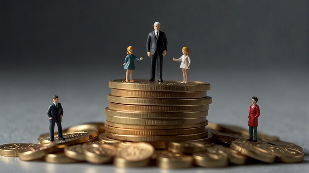 Figurines of people standing on stacks of coins