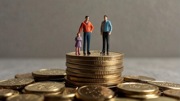 Photo figurines of people standing on stacks of coins