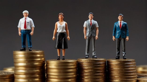 Figurines of people standing on stacks of coins