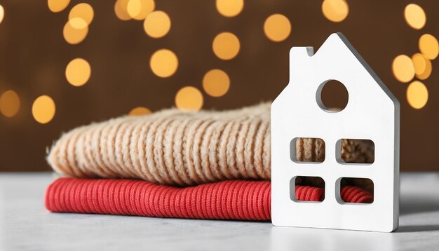 Foto figuur van het huis en warme kleren op tafel tegen wazig licht concept van het verwarmingsseizoen