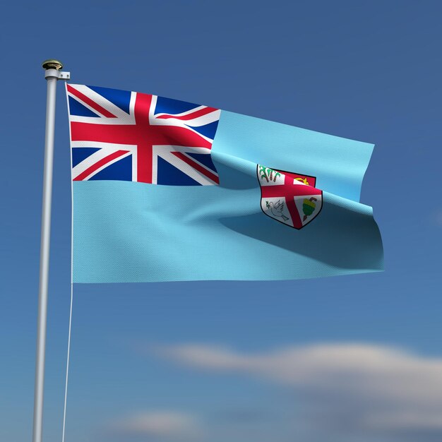 the fiji flag is waving in front of a blue sky with blurred clouds in the background