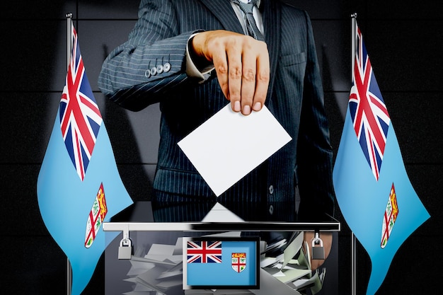 Fiji flags hand dropping voting card election concept 3D illustration