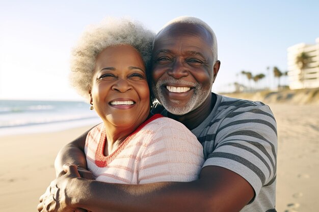 Fijne Afro-Amerikaanse senior vrouw die de gepensioneerde man van achteren omhelst op het strand