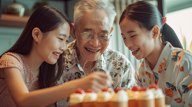 Fijne Aziatische familie van drie generaties die de verjaardag van opa thuis viert