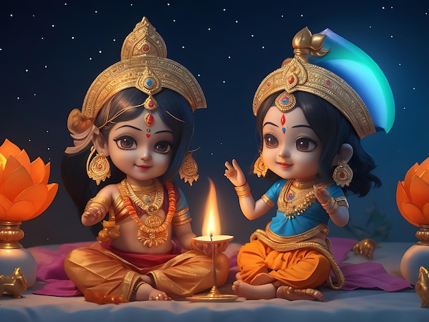 Fijne Diwali-viering met kleine Radha Krishna