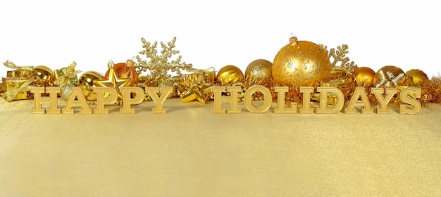 Fijne feestdagen gouden tekst op de achtergrond van gouden kerstversieringen