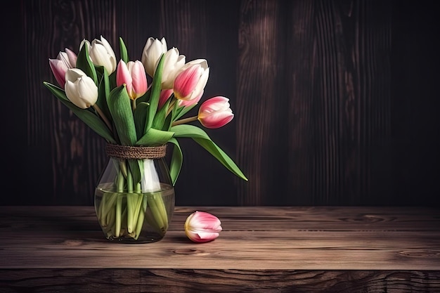 Fijne lentetulpen in een vaas op een houten tafel