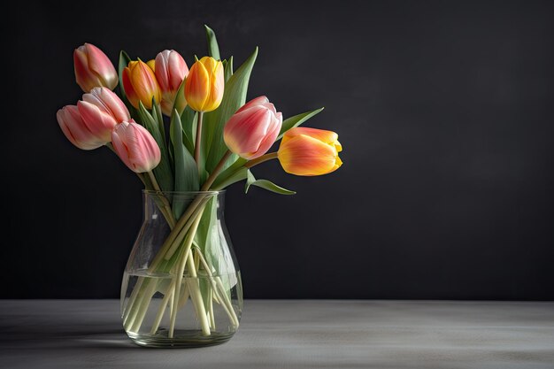 Foto fijne lentetulpen in vaas op grijze achtergrond