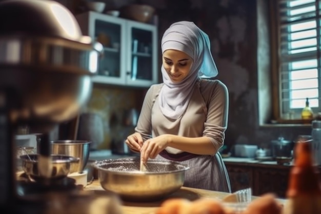 Fijne moslimvrouw bakt taart in de keuken Generatieve AI