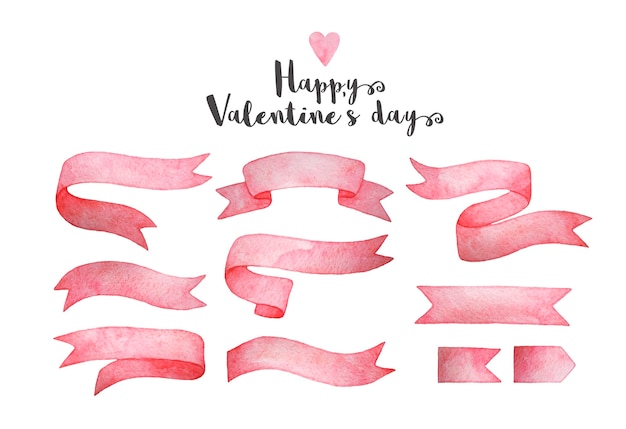 Fijne Valentijnsdag! Set hand getrokken aquarel roze linten.