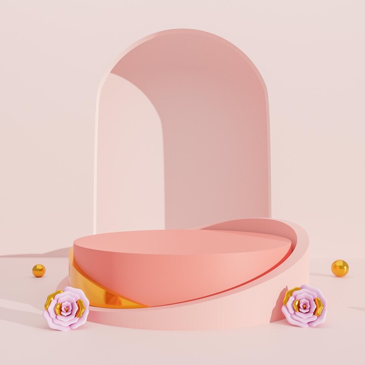 Fijne Valentijnsdag voor het weergeven van premium producten, podium met roos op roze pastelachtergrond. 3D-rendering
