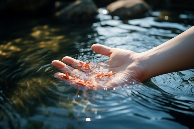 Fijne vingers strelen het glinsterende reflecterende oppervlak van de rustige rivieren