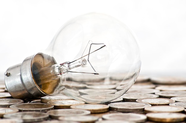 Filament bulb lying on euro coins