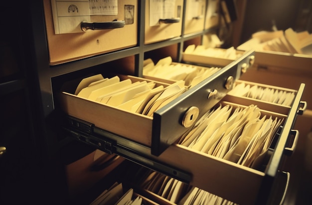 A file cabinet with a drawer full of files.