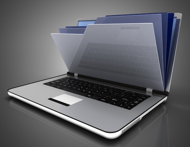 File in database - laptop and folders.3d illustration