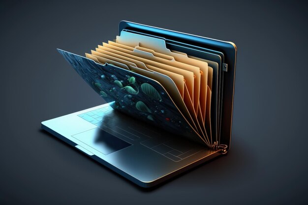 Photo file folder illustration on laptop screen dark blue background generative ai