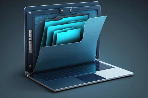 File folder illustration on laptop screen data storage concept dark blue background Generative AI