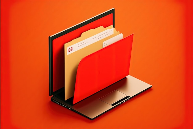 File folder on laptop screen, red background. AI digital illustration