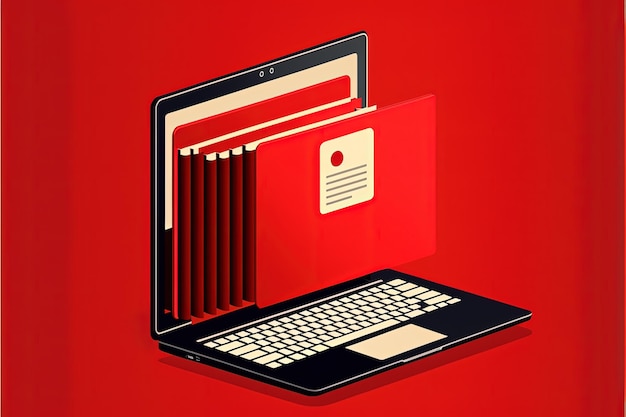 Папка с файлами на экране ноутбука, красный фон. Цифровая иллюстрация ИИ