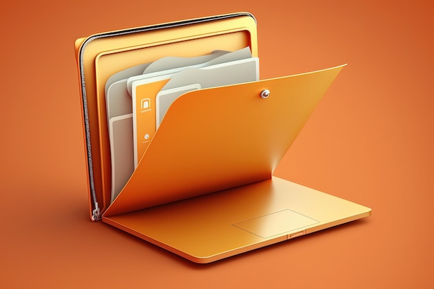 Фото Папка с файлами на оранжевом фоне экрана ноутбука generative ai