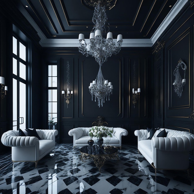 File Name 3d illustration stylish classic living room in black and white with black marble floor