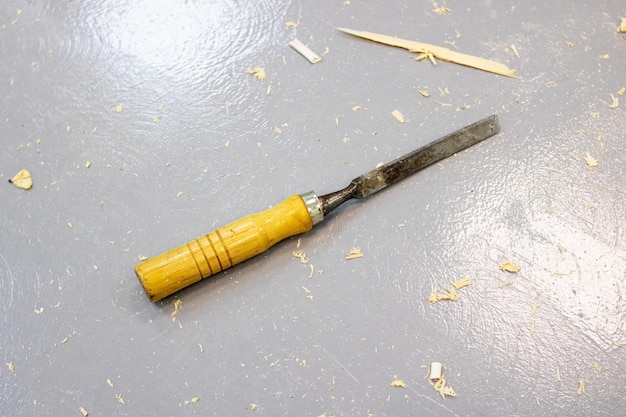 File in sawdust on the gray floor closeup