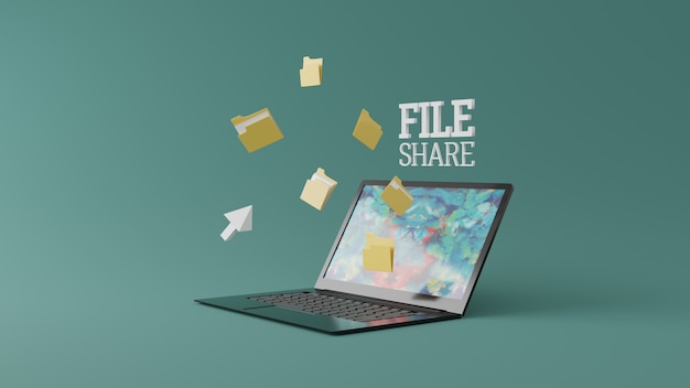 File sharing concept on the Laptop screen 3D render