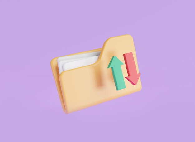 File transfer concept Yellow folder with files and arrow File sharing or sending document documents management data storage Copy files data exchange 3D icon rendering illustration