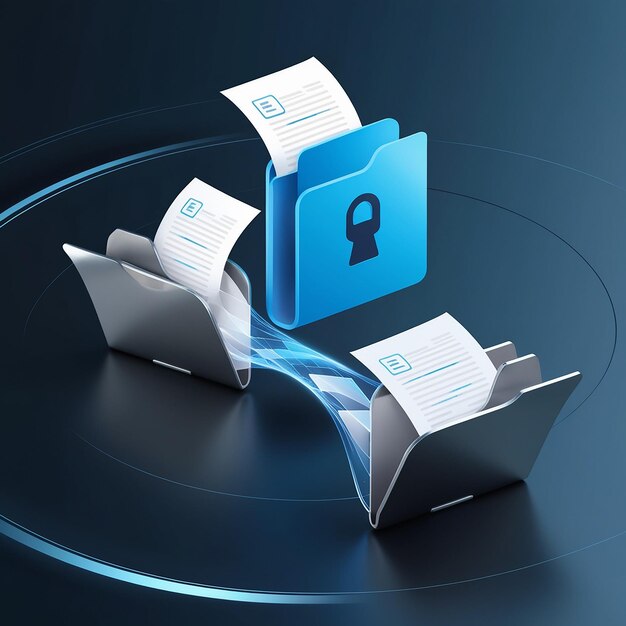 file transfer of document in folder file transfer encrypted form connection docs information migration concept access to remote file and folder 3d document exchange vector render illustration