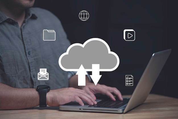 File transfer download or doc sharing and database digital cloud drive storage service on computer network technology analytics concepts