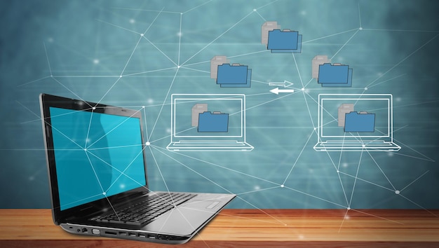 Foto trasferimento di file tra laptop su schermo virtuale e laptop