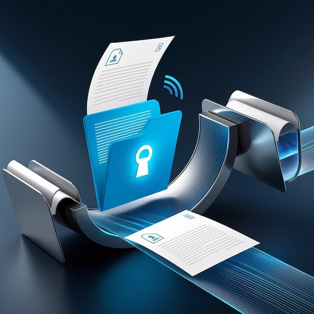 File transfer of document in folder File transfer encrypted form connection docs information migration concept access to remote file and folder 3d document exchange vector render illustratie
