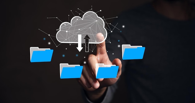 Foto protocollo di trasferimento file o sistema digitale ftp per il trasferimento di documenti ricevitore di file e copia di backup del computer concetto di sistema di cloud computing