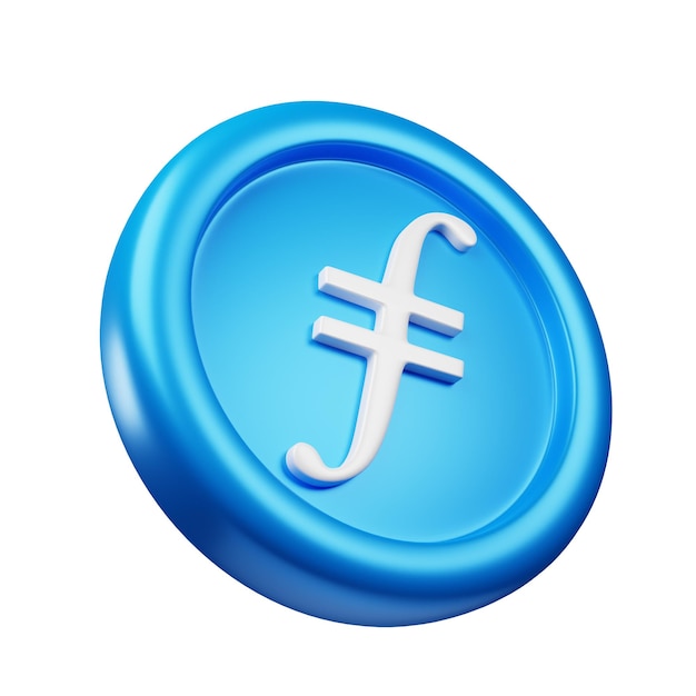 Filecoin or FIL Blue coin 3d rendering tilted right view cryptocurrency illustration cartoon style