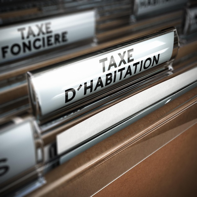 Files with the text property tax written in french on the tab, close up and blur effect. Realistic 3D render