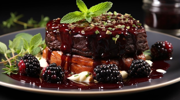 Filet mignon with blackberry sauce in a plate on green background