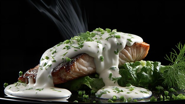 Filet steak van gegrilde witte vis geserveerd met verse groene dill en een zure room bechamel saus Generative AI