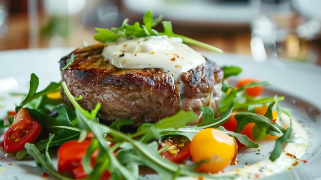 Photo filet tenderlpin alongside arugula salad with white bechamel sauce cream on top