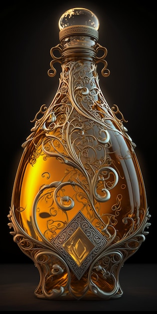 Filigree bottle full of amber liquid photorealistic