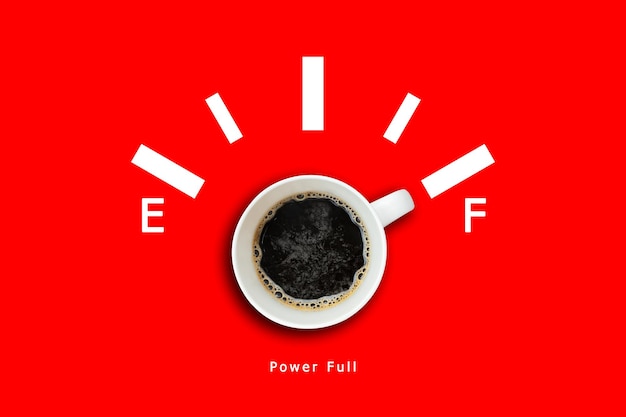 Fill yourself with energy concept oil face with a cup of coffee\
in the middle with the words power full