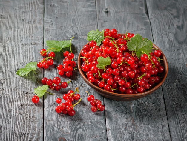 A filled big clay bowl with red currant berries on a dark rustic table.